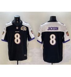 Men Baltimore Ravens 8 Lamar Jackson Black White 2023 F U S E With Patch Throwback Vapor Limited Jersey Men Baltimore Ravens 8 Lamar Jackson Black White 2023 F U S E With Patch Throwback Vapor Limited Jersey
