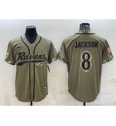 Men Baltimore Ravens 8 Lamar Jackson Olive 2022 Salute To Service Cool Base Stitched Baseball Jersey Men Baltimore Ravens 8 Lamar Jackson Olive 2022 Salute To Service Cool Base Stitched Baseball Jersey
