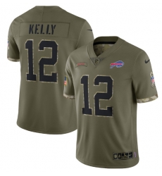 Men Buffalo Bills 12 Jim Kelly Olive 2022 Salute To Service Limited Stitched Jersey Men Buffalo Bills 12 Jim Kelly Olive 2022 Salute To Service Limited Stitched Jersey