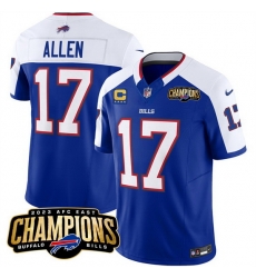 Men Buffalo Bills 17 Josh Allen Blue White 2023 F U S E AFC East Champions With 4 Star C Ptach Stitched Football Jersey Men Buffalo Bills 17 Josh Allen Blue White 2023 F U S E AFC East Champions With 4 Star C Ptach Stitched Football Jersey