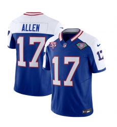 Men Buffalo Bills 17 Josh Allen Blue White 35th And 75th Patch 2023 F U S E Throwback Vapor Untouchable Limited Stitched Jersey Men Buffalo Bills 17 Josh Allen Blue White 35th And 75th Patch 2023 F U S E Throwback Vapor Untouchable Limited Stitched Jersey