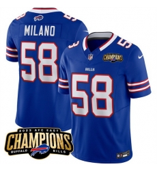 Men Buffalo Bills 58 Matt Milano Blue 2023 F U S E AFC East Champions Ptach Stitched Football Jersey Men Buffalo Bills 58 Matt Milano Blue 2023 F U S E AFC East Champions Ptach Stitched Football Jersey