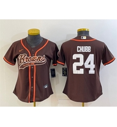 Women Cleveland Browns 24 Nick Chubb Brown With Patch Cool Base Stitched Baseball Jersey Women Cleveland Browns 24 Nick Chubb Brown With Patch Cool Base Stitched Baseball Jersey