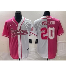 Men Dallas Cowboys 20 Tony Pollard Pink White Split Cool Base Stitched Baseball Jersey Men Dallas Cowboys 20 Tony Pollard Pink White Split Cool Base Stitched Baseball Jersey