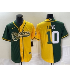 Men Green Bay Packers 10 Jordan Love Green Gold Split Cool Base Stitched Baseball Jersey Men Green Bay Packers 10 Jordan Love Green Gold Split Cool Base Stitched Baseball Jersey