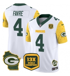 Men Green Bay Packers 4 Brett Favre Cheese White 2024 F U S E 13 Time World Champions And Home Patch Vapor Untouchable Limited Stitched Football Jersey Men Green Bay Packers 4 Brett Favre Cheese White 2024 F U S E 13 Time World Champions And Home Patch Vapor Untouchable Limited Stitched Football Jersey