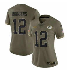 Women Green Bay Packers 12 Aaron Rodgers Olive 2022 Salute To Service Limited Stitched Jersey Women Green Bay Packers 12 Aaron Rodgers Olive 2022 Salute To Service Limited Stitched Jersey