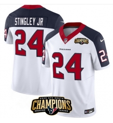 Men Houston Texans 24 Derek Stingley Jr White Navy 2023 F U S E With AFC South Champions Patch And Team Logo Patch Limited Stitched Football Jersey Men Houston Texans 24 Derek Stingley Jr White Navy 2023 F U S E With AFC South Champions Patch And Team Logo Patch Limited Stitched Football Jersey