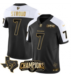 Men Houston Texans 7 C J Stroud Black White Golden 2023 F U S E With AFC South Champions Patch And Team Logo Patch Limited Stitched Football Jersey Men Houston Texans 7 C J Stroud Black White Golden 2023 F U S E With AFC South Champions Patch And Team Logo Patch Limited Stitched Football Jersey