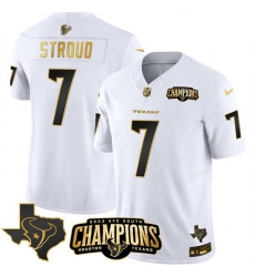 Men Houston Texans 7 C J Stroud White Golden 2023 F U S E With AFC South Champions Patch And Team Logo Patch Limited Stitched Football Jersey Men Houston Texans 7 C J Stroud White Golden 2023 F U S E With AFC South Champions Patch And Team Logo Patch Limited Stitched Football Jersey