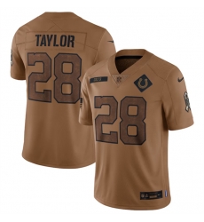 Men Indianapolis Colts 28 Jonathan Taylor 2023 Brown Salute To Sertvice Stitched Football Jersey Men Indianapolis Colts 28 Jonathan Taylor 2023 Brown Salute To Sertvice Stitched Football Jersey