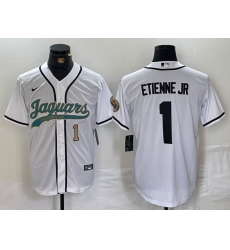 Men Jacksonville Jaguars 1 Travis Etienne Jr White With Patch Cool Base Stitched Baseball Jersey 2 Men Jacksonville Jaguars 1 Travis Etienne Jr White With Patch Cool Base Stitched Baseball Jersey 2