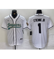 Men Jacksonville Jaguars 1 Travis Etienne Jr White With Patch Cool Base Stitched Baseball Jersey Men Jacksonville Jaguars 1 Travis Etienne Jr White With Patch Cool Base Stitched Baseball Jersey