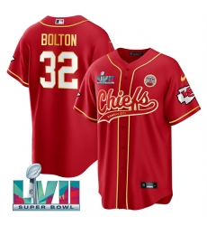 Men Kansas City Chiefs 32 Nick Bolton Red Super Bowl LVII Patch Cool Bae Stitched Baseball Jersey Men Kansas City Chiefs 32 Nick Bolton Red Super Bowl LVII Patch Cool Bae Stitched Baseball Jersey