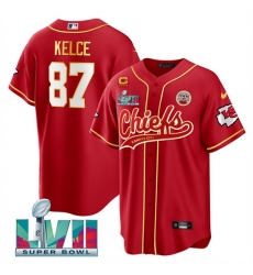 Men Kansas City Chiefs 87 Travis Kelce Red With 4 Star C Patch And Super Bowl LVII Patch Cool Bae Stitched Baseball Jersey Men Kansas City Chiefs 87 Travis Kelce Red With 4 Star C Patch And Super Bowl LVII Patch Cool Bae Stitched Baseball Jersey