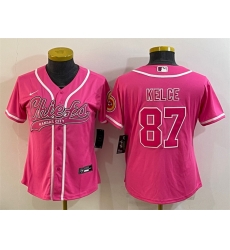 Women Kansas City Chiefs 87 Travis Kelce Pink With Patch Cool Base Stitched Baseball Jersey Women Kansas City Chiefs 87 Travis Kelce Pink With Patch Cool Base Stitched Baseball Jersey