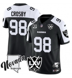 Men Las Vegas Raiders 98 Maxx Crosby Black White 2024 F U S E With Nevada Silver Stat Patch And 65th Anniversary Patch 3 Star C Patch Stitched Football Jer Men Las Vegas Raiders 98 Maxx Crosby Black White 2024 F U S E With Nevada Silver Stat Patch And 65th Anniversary Patch 3 Star C Patch Stitched Football Jer