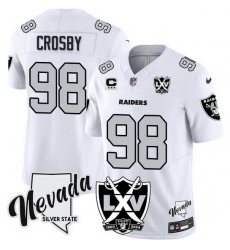 Men Las Vegas Raiders 98 Maxx Crosby White 2024 F U S E With Nevada Silver Stat Patch And 65th Anniversary Patch 3 Star C Patch Stitched Football Jersey Men Las Vegas Raiders 98 Maxx Crosby White 2024 F U S E With Nevada Silver Stat Patch And 65th Anniversary Patch 3 Star C Patch Stitched Football Jersey