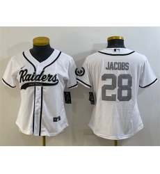 Women Las Vegas Raiders 28 Josh Jacobs White Silver With Patch Cool Base Stitched Baseball Jersey Women Las Vegas Raiders 28 Josh Jacobs White Silver With Patch Cool Base Stitched Baseball Jersey