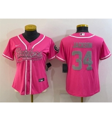 Women Las Vegas Raiders 34 Bo Jackson Pink Silver With Patch Cool Base Stitched Baseball Jersey Women Las Vegas Raiders 34 Bo Jackson Pink Silver With Patch Cool Base Stitched Baseball Jersey