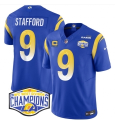 Men Los Angeles Rams 9 Matthew Stafford Blue 2024 NFC West Champions With 4 Star C Patch F U S E Vapor Untouchable Stitched Football Jersey Men Los Angeles Rams 9 Matthew Stafford Blue 2024 NFC West Champions With 4 Star C Patch F U S E Vapor Untouchable Stitched Football Jersey