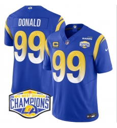 Men Los Angeles Rams 99 Aaron Donald Blue 2024 NFC West Champions With 4 Star C Patch F U S E Vapor Untouchable Stitched Football Jersey Men Los Angeles Rams 99 Aaron Donald Blue 2024 NFC West Champions With 4 Star C Patch F U S E Vapor Untouchable Stitched Football Jersey