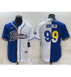Men Los Angeles Rams 99 Aaron Donald Royal White Split With Patch Cool Base Stitched Baseball Jersey Men Los Angeles Rams 99 Aaron Donald Royal White Split With Patch Cool Base Stitched Baseball Jersey
