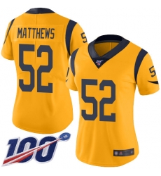 Women Rams 52 Clay Matthews Gold Stitched Football Limited Rush 100th Season Jersey Women Rams 52 Clay Matthews Gold Stitched Football Limited Rush 100th Season Jersey