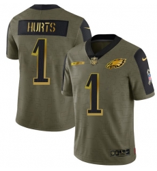 Men Philadelphia Eagles 1 Jalen Hurts 2021 Olive Camo Salute To Service Golden Limited Stitched Jersey Men Philadelphia Eagles 1 Jalen Hurts 2021 Olive Camo Salute To Service Golden Limited Stitched Jersey
