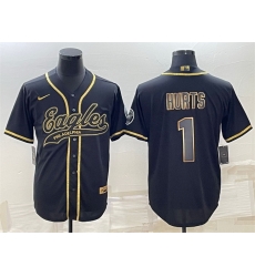 Men Philadelphia Eagles 1 Jalen Hurts Black Gold With Patch Cool Base Stitched Baseball Jersey Men Philadelphia Eagles 1 Jalen Hurts Black Gold With Patch Cool Base Stitched Baseball Jersey