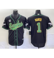 Men Philadelphia Eagles 1 Jalen Hurts Black With C Patch Cool Base Stitched Baseball Jersey Men Philadelphia Eagles 1 Jalen Hurts Black With C Patch Cool Base Stitched Baseball Jersey