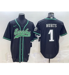 Men Philadelphia Eagles 1 Jalen Hurts Black With Patch Cool Base Stitched Baseball Jersey Men Philadelphia Eagles 1 Jalen Hurts Black With Patch Cool Base Stitched Baseball Jersey