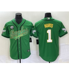 Men Philadelphia Eagles 1 Jalen Hurts Green With C Patch Cool Base Stitched Baseball Jersey Men Philadelphia Eagles 1 Jalen Hurts Green With C Patch Cool Base Stitched Baseball Jersey