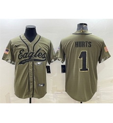 Men Philadelphia Eagles 1 Jalen Hurts Olive 2022 Salute To Service Cool Base Stitched Baseball Jersey Men Philadelphia Eagles 1 Jalen Hurts Olive 2022 Salute To Service Cool Base Stitched Baseball Jersey