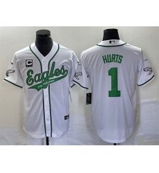 Men Philadelphia Eagles 1 Jalen Hurts White With C Patch Cool Base Stitched Baseball Jersey Men Philadelphia Eagles 1 Jalen Hurts White With C Patch Cool Base Stitched Baseball Jersey