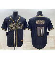 Men Philadelphia Eagles 11 A J Brown Black Gold With Patch Cool Base Stitched Baseball Jersey Men Philadelphia Eagles 11 A J Brown Black Gold With Patch Cool Base Stitched Baseball Jersey