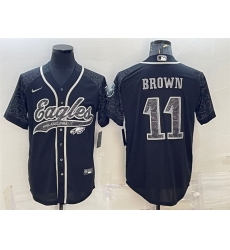 Men Philadelphia Eagles 11 A J Brown Black Reflective With Patch Cool Base Stitched Baseball Jersey Men Philadelphia Eagles 11 A J Brown Black Reflective With Patch Cool Base Stitched Baseball Jersey