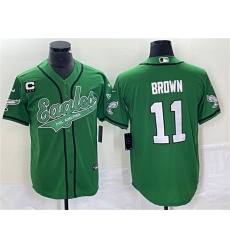 Men Philadelphia Eagles 11 A J Brown Green With C Patch Cool Base Stitched Baseball Jersey Men Philadelphia Eagles 11 A J Brown Green With C Patch Cool Base Stitched Baseball Jersey