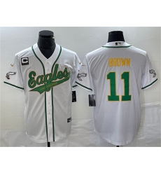 Men Philadelphia Eagles 11 A J Brown White Gold With C Patch Cool Base Stitched Baseball Jersey Men Philadelphia Eagles 11 A J Brown White Gold With C Patch Cool Base Stitched Baseball Jersey