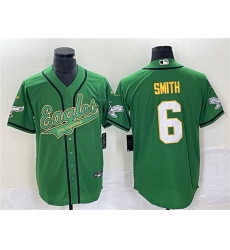 Men Philadelphia Eagles 6 DeVonta Smith Green Gold Cool Base Stitched Baseball Jersey Men Philadelphia Eagles 6 DeVonta Smith Green Gold Cool Base Stitched Baseball Jersey