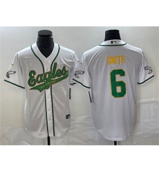 Men Philadelphia Eagles 6 DeVonta Smith White Gold Cool Base Stitched Baseball Jersey Men Philadelphia Eagles 6 DeVonta Smith White Gold Cool Base Stitched Baseball Jersey