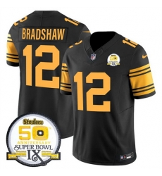 Men Pittsburgh Steelers 12 Terry Bradshaw Black 2024 F U S E 50th Anniversary Of Super Bowl IX Color Rush Limited Stitched Jersey Men Pittsburgh Steelers 12 Terry Bradshaw Black 2024 F U S E 50th Anniversary Of Super Bowl IX Color Rush Limited Stitched Jersey