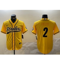 Men Pittsburgh Steelers 2 Justin Fields Yellow With Patch Cool Base Stitched Baseball Jersey Men Pittsburgh Steelers 2 Justin Fields Yellow With Patch Cool Base Stitched Baseball Jersey