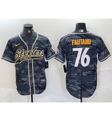 Men Pittsburgh Steelers 76 Troy Fautanu Grey Camo With Patch Cool Base Stitched Baseball Jersey Men Pittsburgh Steelers 76 Troy Fautanu Grey Camo With Patch Cool Base Stitched Baseball Jersey