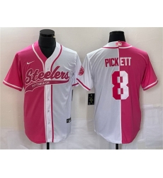Men Pittsburgh Steelers 8 Kenny Pickett White Pink Split Cool Base Stitched Baseball Jersey Men Pittsburgh Steelers 8 Kenny Pickett White Pink Split Cool Base Stitched Baseball Jersey