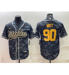 Men Pittsburgh Steelers 90 T J Watt Grey Navy Camo With Patch Cool Base Stitched Baseball Jersey Men Pittsburgh Steelers 90 T J Watt Grey Navy Camo With Patch Cool Base Stitched Baseball Jersey