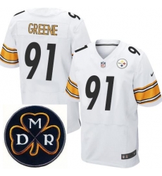 Men's Nike Pittsburgh Steelers #91 Kevin Greene White Stitched NFL Elite MDR Dan Rooney Patch Jersey Men's Nike Pittsburgh Steelers #91 Kevin Greene White Stitched NFL Elite MDR Dan Rooney Patch Jersey
