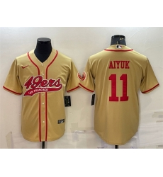 Men San Francisco 49ers 11 Brandon Aiyuk Gold With Patch Cool Base Stitched Baseball Jersey Men San Francisco 49ers 11 Brandon Aiyuk Gold With Patch Cool Base Stitched Baseball Jersey