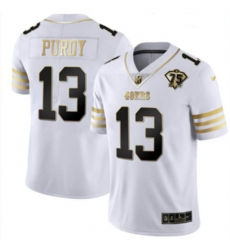 Men San Francisco 49ers 13 Brock Purdy White Gold With 75th Patch Stitched Jersey Men San Francisco 49ers 13 Brock Purdy White Gold With 75th Patch Stitched Jersey