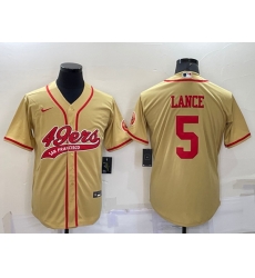 Men San Francisco 49ers 5 Trey Lance Gold Cool Base Stitched Baseball Jersey Men San Francisco 49ers 5 Trey Lance Gold Cool Base Stitched Baseball Jersey